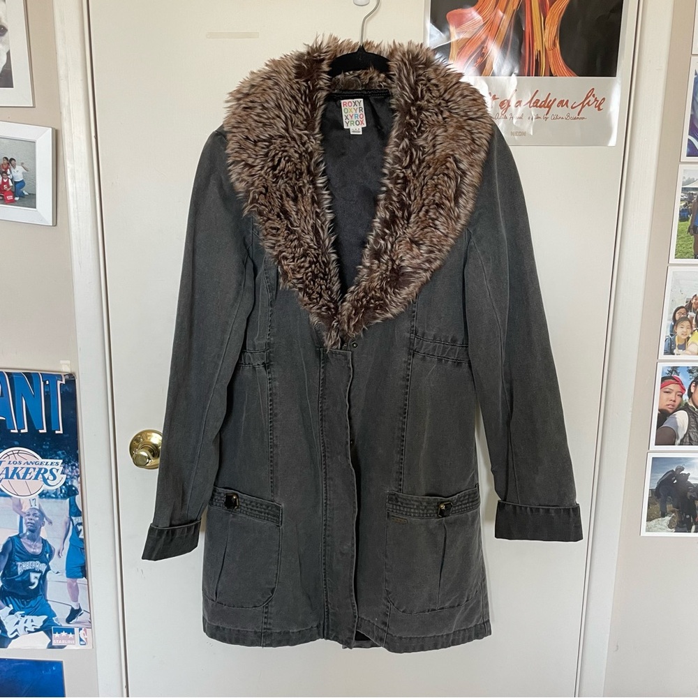 Roxy Dark Gray Jacket with Plush Brown Fur Collar